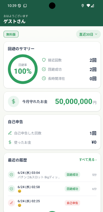 分析画面 — 回避率100%と今月守れたお金
